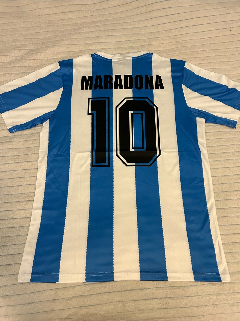 Le Coq Sportif Maradona #10 White and Blue Striped Soccer Jersey